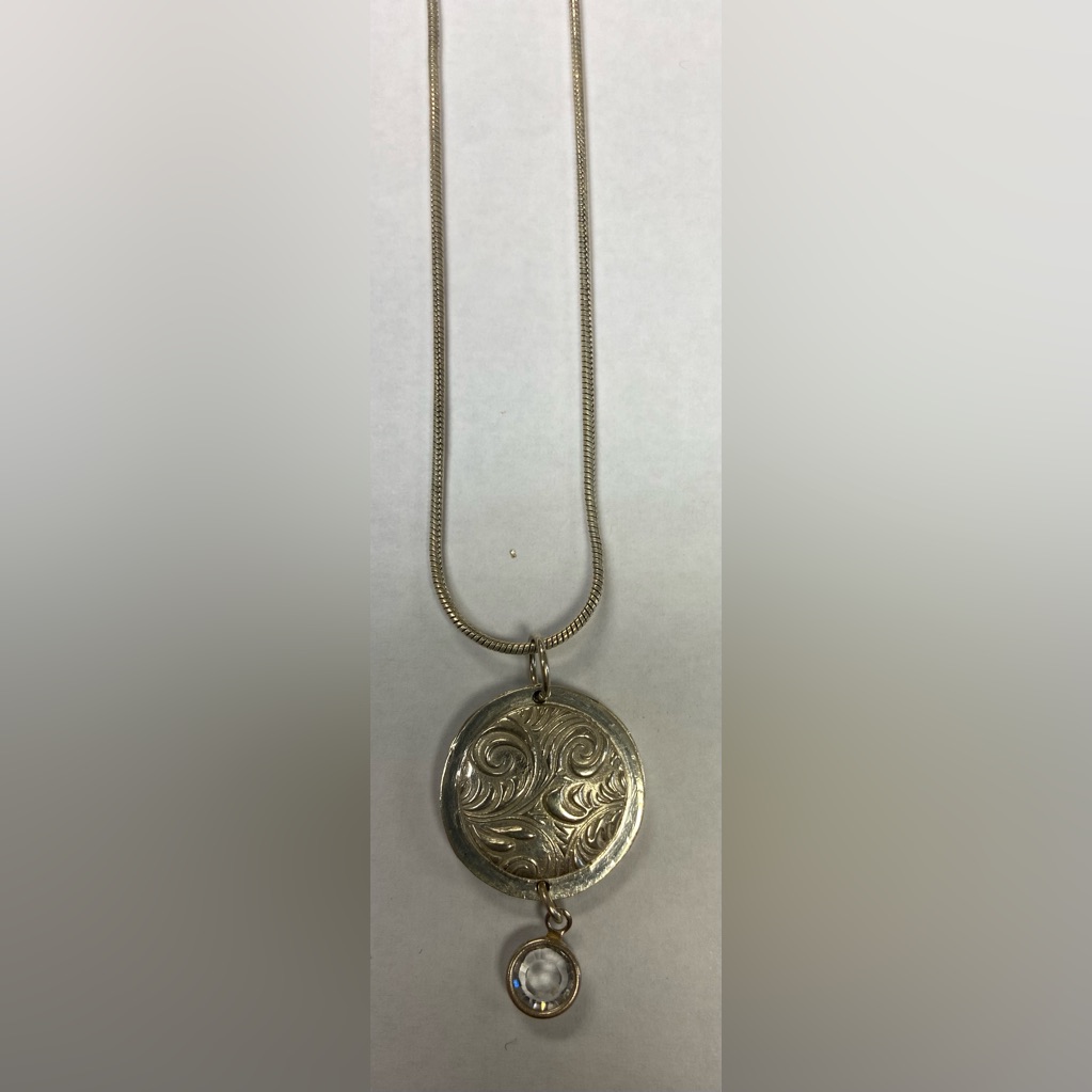 Vintage Amazing Silver Pendant With Stone & Silver Chain Necklace Made In Italy